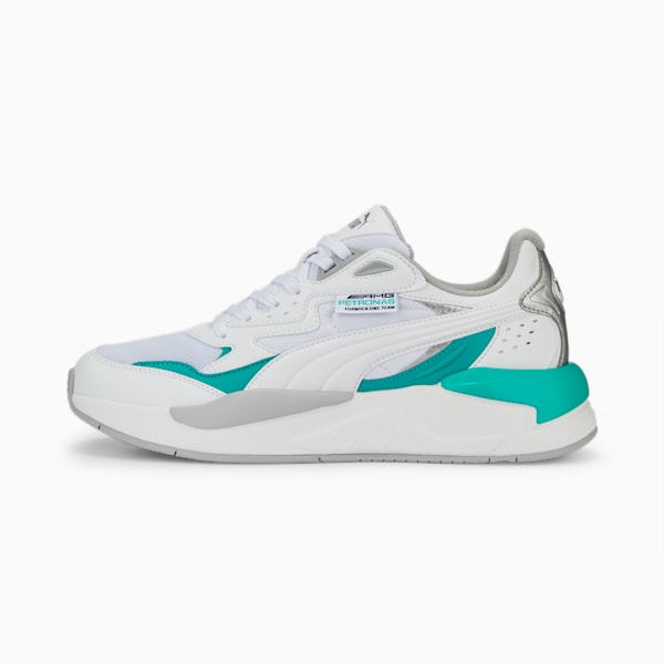Mercedes AMG Petronas F1 X-Ray Speed Motorsport Sneakers, PUMA White-Spectra Green-PUMA Silver, extralarge-IND