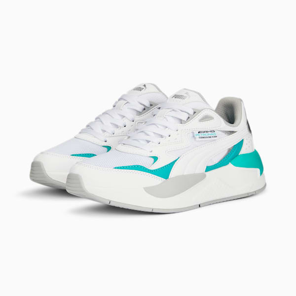 Mercedes F1 X-Ray Speed Big Kids' Motorsport Shoes, PUMA White-Spectra Green-PUMA Silver, extralarge