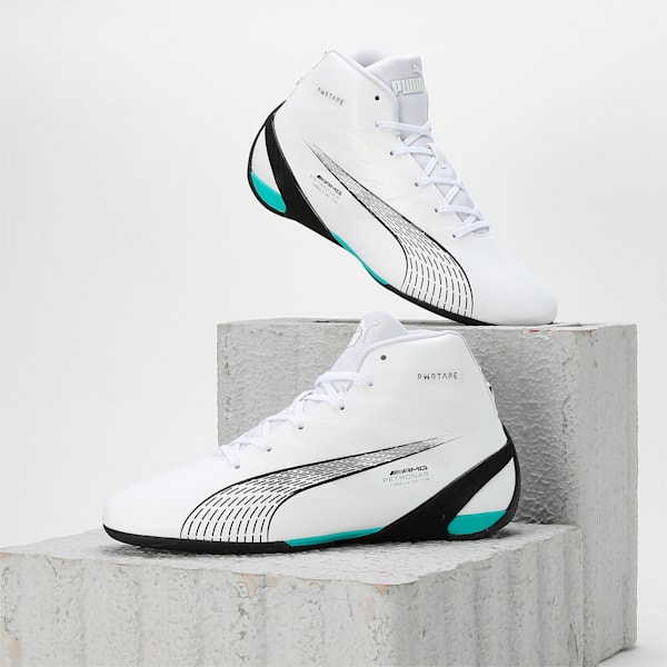 Mercedes-AMG Petronas Motorsport Carbon Cat Mid Driving Shoes, PUMA White-Spectra Green-PUMA Black, extralarge-IND