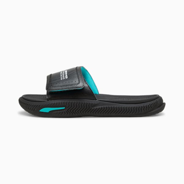 Mercedes AMG Petronas F1 Softride 2.0 Men's Slides, PUMA Black-Flat Dark Gray-Sheen Green, extralarge-IND