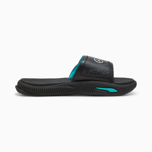 Mercedes AMG Petronas F1 Softride 2.0 Men's Slides, PUMA Black-Flat Dark Gray-Sheen Green, extralarge-IND