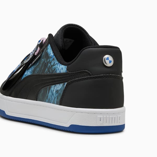 Black PUMA trainers, adult, with blue pattern and BMW logo detail.