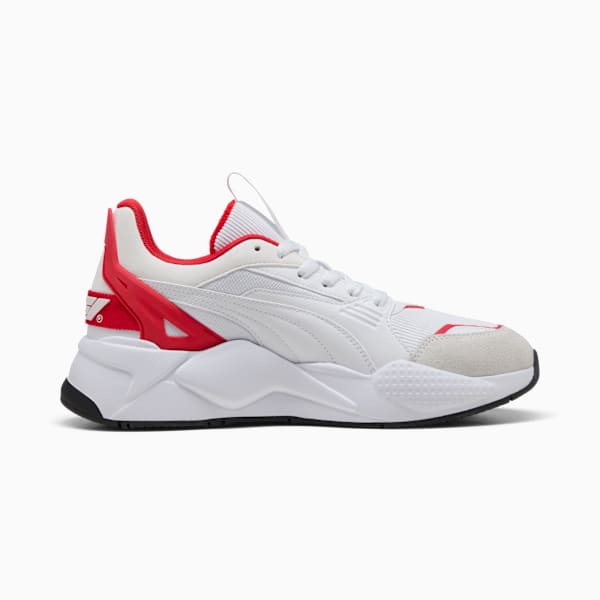 White PUMA trainers for adults, featuring red accents and a lace-up design.