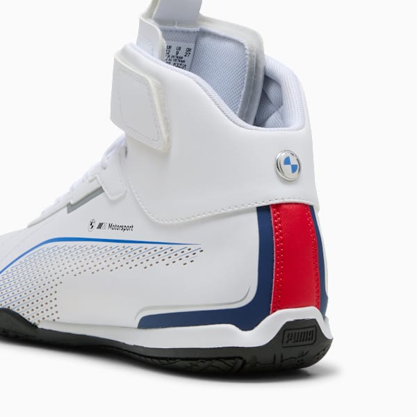 White PUMA Motorsport shoes with an ankle strap and BMW Motorsport branding.