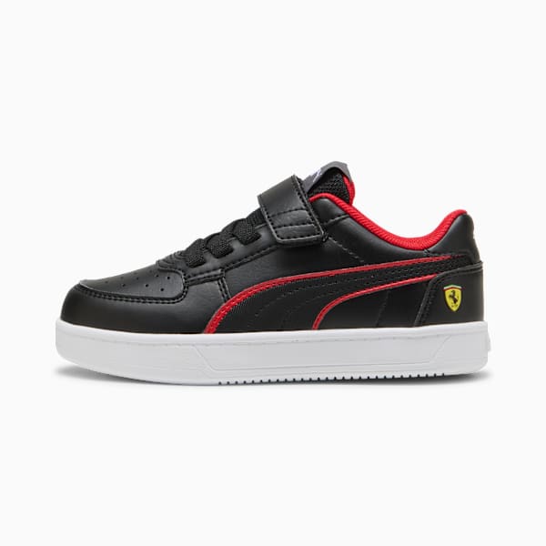 Black PUMA trainer for kids, featuring red accents and a touch-and-close fastening.