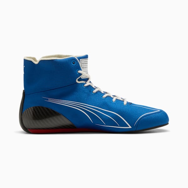 Blue PUMA motorsport boot featuring white laces and carbon fibre heel detail.