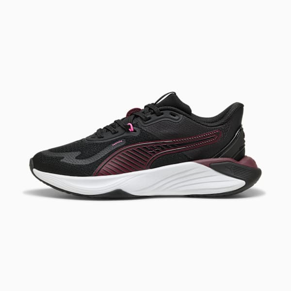 Black PUMA ladies' trainer with burgundy details and a white sole.