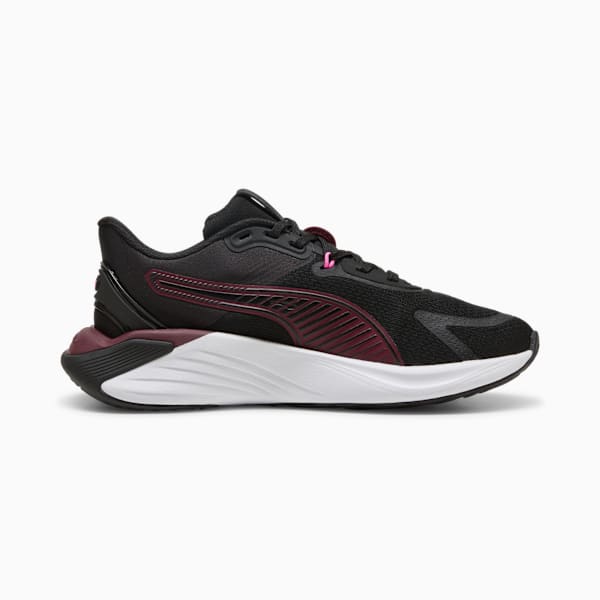 Black PUMA running trainers for adults, with plum accents and white sole.