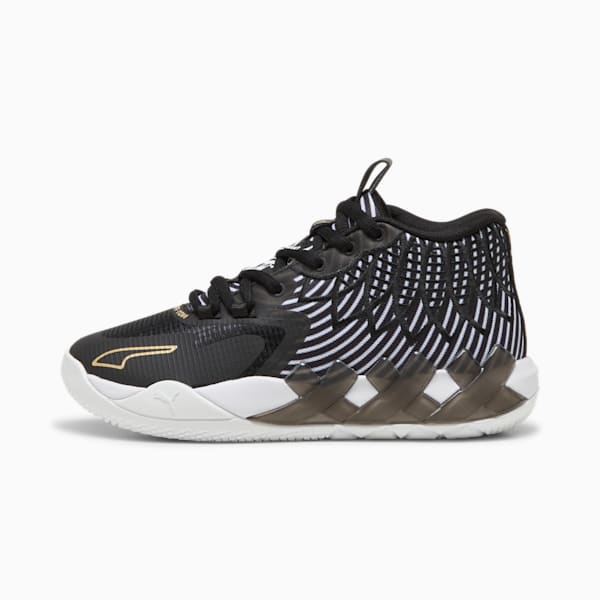 Gold and black puma shoes top