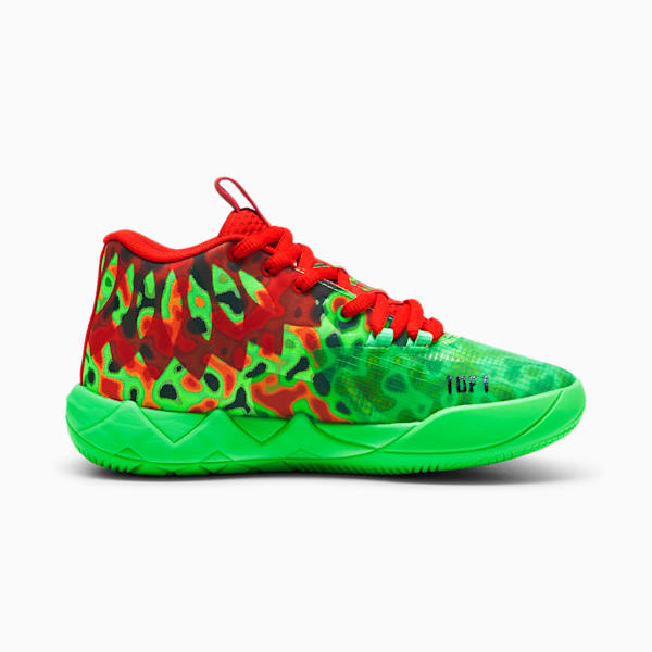 Tenis de baloncesto para niños grandes PUMA x LAMELO BALL MB.01, Fluro Green Pes-PUMA Red, extralarge