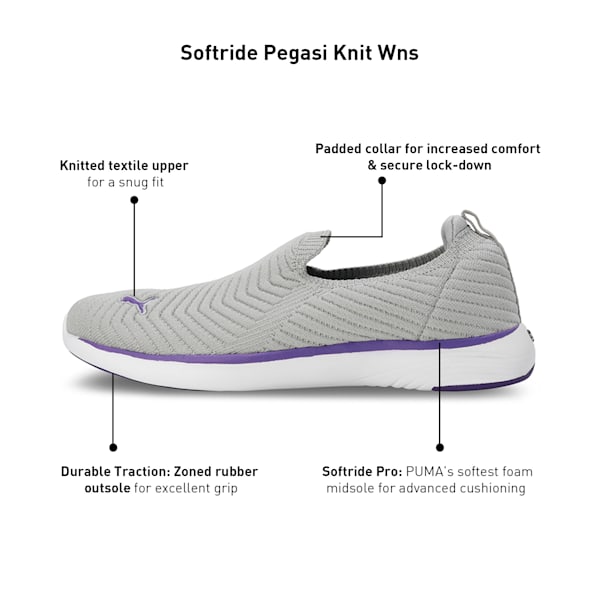 Softride Pegasi Knit Women's Slip-On Shoes, Cool Light Gray-Team Violet, extralarge-IND