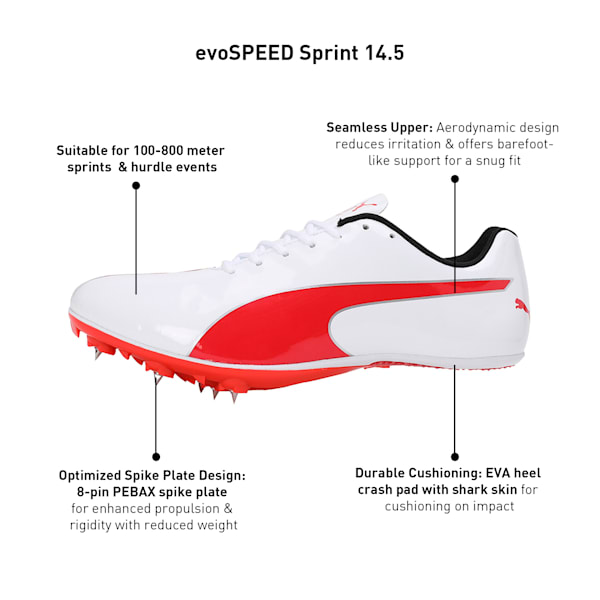 evoSPEED Sprint 14.5 Spikes Track and Field Running Shoes, PUMA White-PUMA Red-PUMA Silver, extralarge-IND