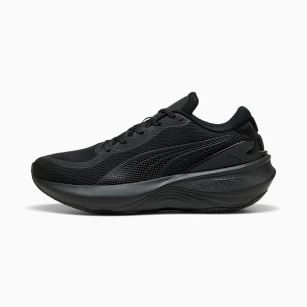Black PUMA running shoe, adult, with mesh upper and PROFOAM midsole for cushioning.