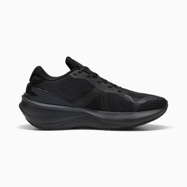 Black PUMA women's running shoe with mesh upper and cushioned sole for performance.