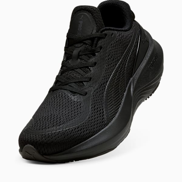Black PUMA running trainers for adults with a mesh upper and lace-up closure.