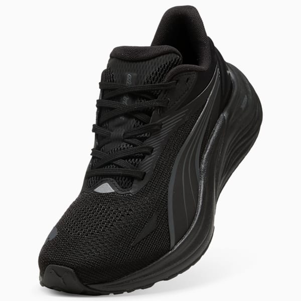 Black PUMA running shoe for adults with a mesh upper and cushioned sole.