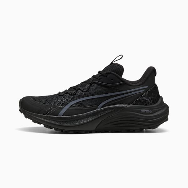 Black PUMA running shoe for adults with a textured sole and subtle logo detailing.