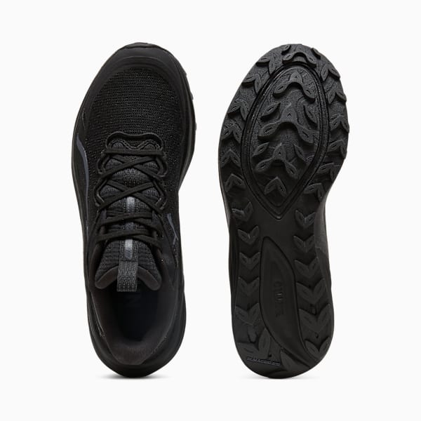 Black PUMA men's trail running shoe with lace-up closure and patterned sole.