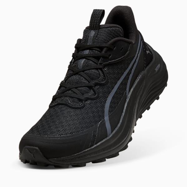 Black PUMA running shoe for adults with a lace-up closure and textured sole.