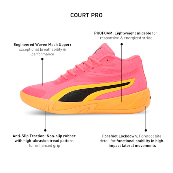 Court Pro Basketball Shoes, Sunset Glow-Sun Stream, extralarge-IND