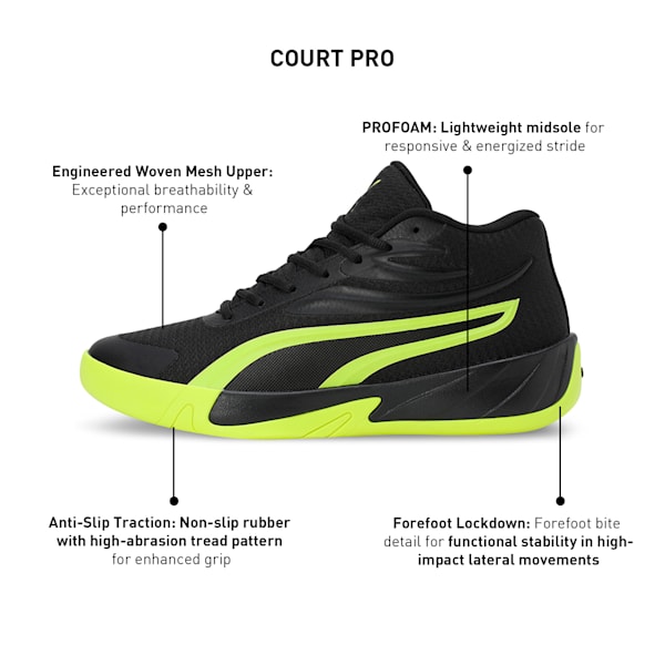Court Pro Basketball Shoes, PUMA Black-Electric Lime, extralarge-IND