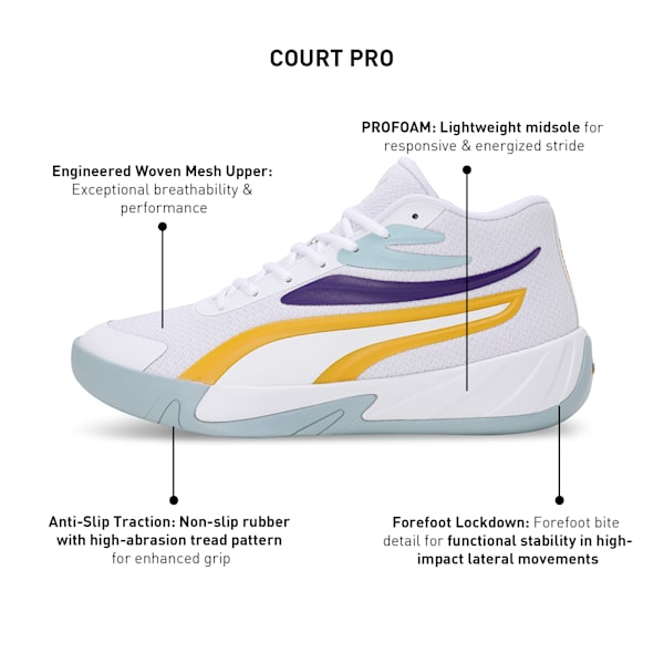 Court Pro Basketball Shoes, PUMA White-Yellow Sizzle-Team Violet, extralarge-IND