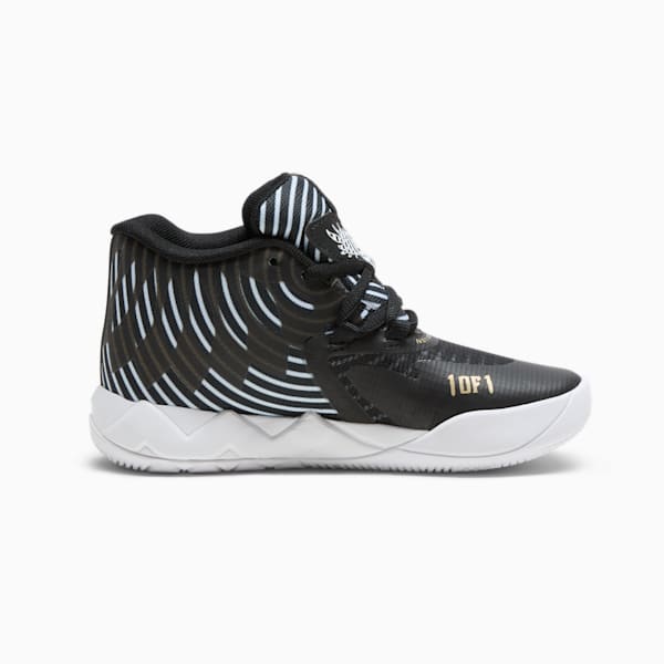 PUMA x LAMELO BALL MB.01 Rare Reserve Stripes Little Kids' Basketball Shoes, PUMA Black-PUMA White-PUMA Gold, extralarge