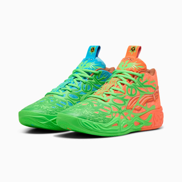 Chaussures de basketball PUMA x LAMELO BALL x TMNT L M MB.04 Homme, Fluro Green Pes-PUMA Green-Bright Aqua-Orange Glow, extralarge