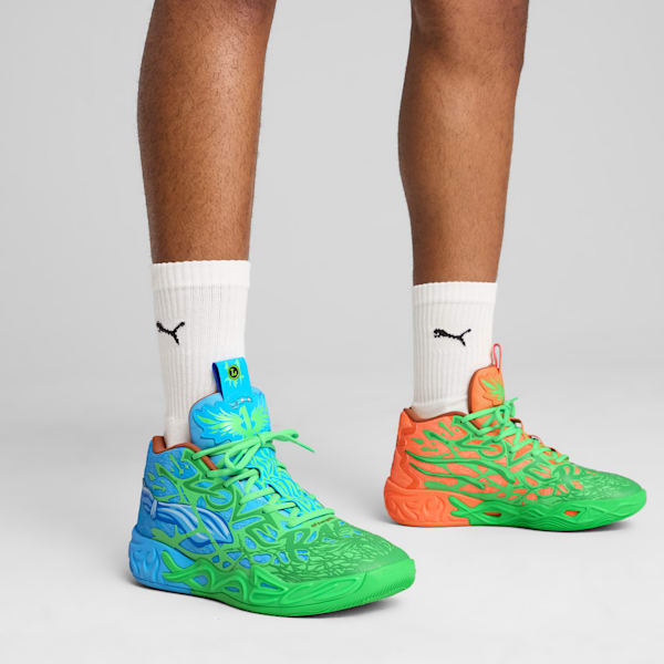 Chaussures de basketball PUMA x LAMELO BALL x TMNT L&amp;M MB.04 Homme, Fluro Green Pes-PUMA Green-Bright Aqua-Orange Glow, extralarge