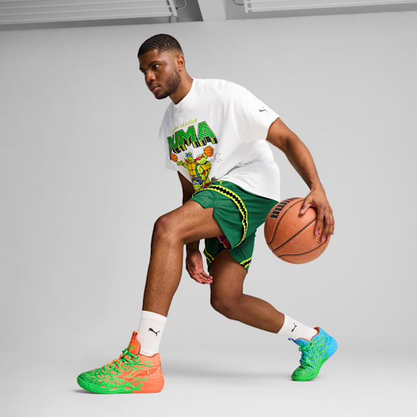 Chaussures de basketball PUMA x LAMELO BALL x TMNT L M MB.04 Homme, Fluro Green Pes-PUMA Green-Bright Aqua-Orange Glow, extralarge