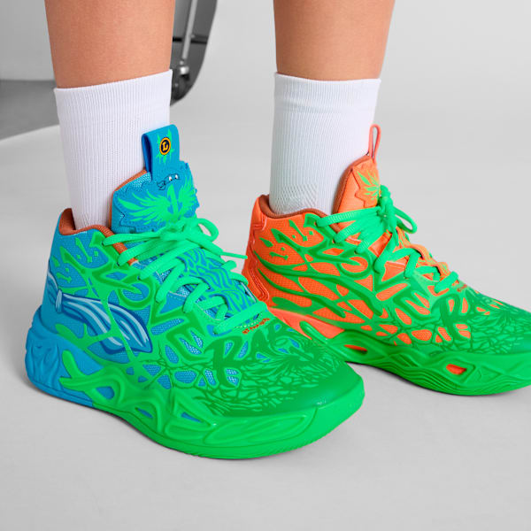 PUMA x LAMELO BALL x TMNT MB.04 Leonardo Michelangelo Big Kids' Basketball Shoes, Fluro Green Pes-PUMA Green-Bright Aqua-Orange Glow, extralarge