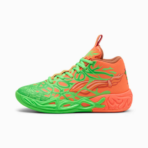 PUMA x LAMELO BALL x TMNT MB.04 Leonardo Michelangelo Big Kids' Basketball Shoes, Fluro Green Pes-PUMA Green-Bright Aqua-Orange Glow, extralarge