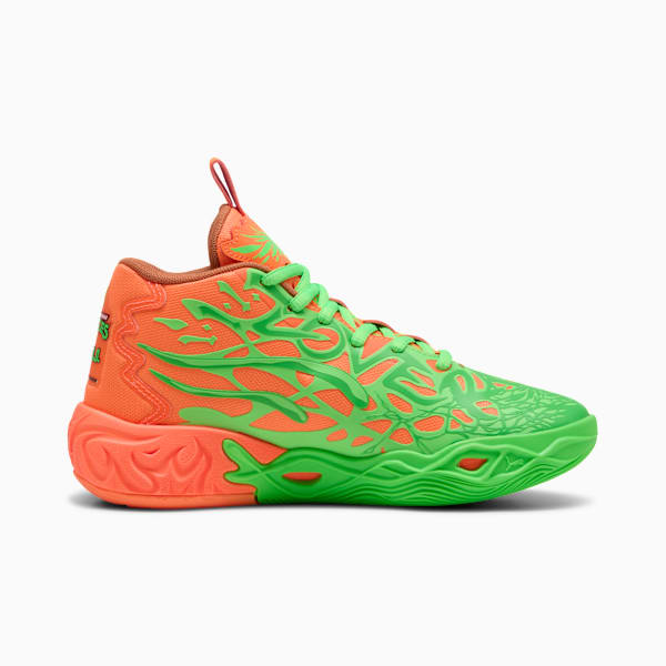 Chaussures de basketball PUMA x LAMELO BALL x TMNT MB.04 Leonardo Michelangelo Enfant et adolescent, Fluro Green Pes-PUMA Green-Bright Aqua-Orange Glow, extralarge