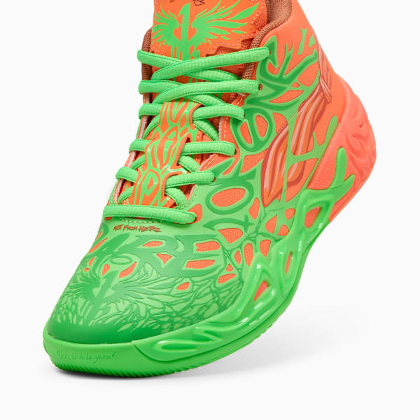 Chaussures de basketball PUMA x LAMELO BALL x TMNT MB.04 Leonardo Michelangelo Enfant et adolescent, Fluro Green Pes-PUMA Green-Bright Aqua-Orange Glow, extralarge