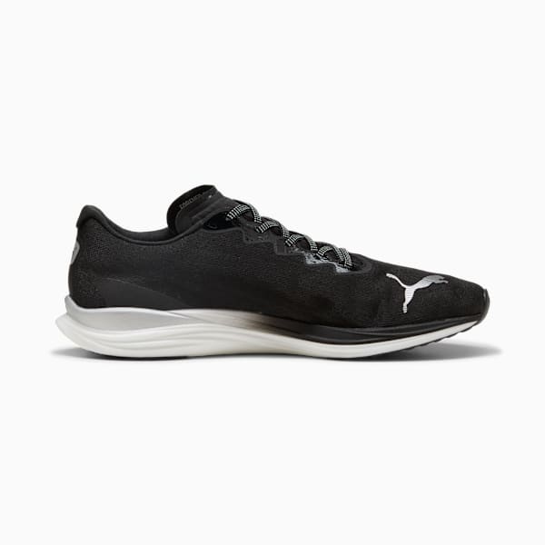 Black PUMA running trainers with silver logo and white sole for adults.