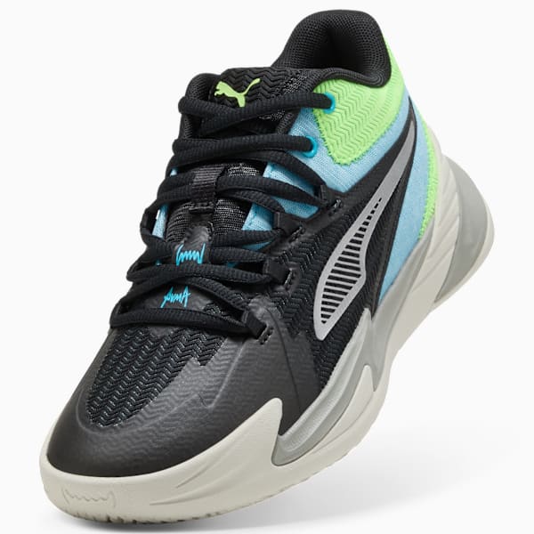 Tenis de básquetbol Dagger para niños grandes, PUMA Black-Bright Aqua-Green Glare, extralarge