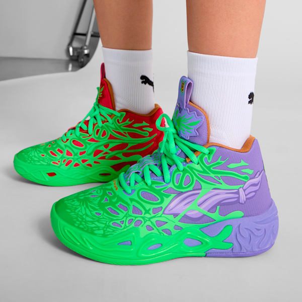 PUMA x LAMELO BALL x TMNT MB.04 Raphael and Donatello Big Kids' Basketball Shoes, Fluro Green Pes-PUMA Red-Dark Amethyst, extralarge