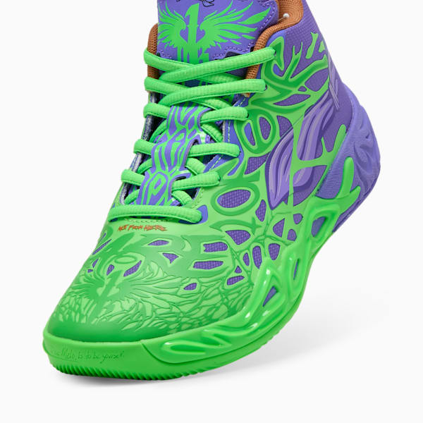 PUMA x LAMELO BALL x TMNT MB.04 Raphael and Donatello Big Kids' Basketball Shoes, Fluro Green Pes-PUMA Red-Dark Amethyst, extralarge