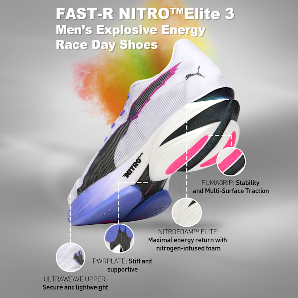 FAST-R NITRO™ Elite 3 DIGITOKYO Men's Running Shoes, PUMA White-Dark Amethyst-PUMA Black-Fluro Pink Pes, extralarge-IND