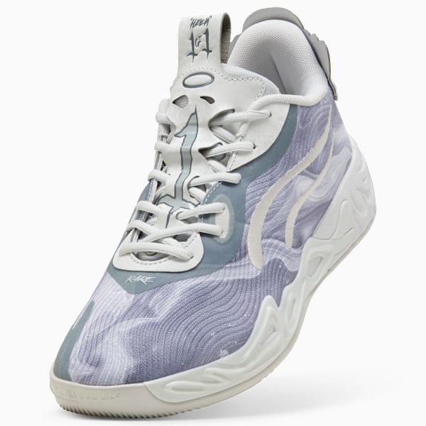 Grey PUMA basketball trainer, adult, with patterned upper and lace-up fastening.
