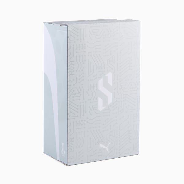 White PUMA box with circuit board pattern and a large 'S' logo.