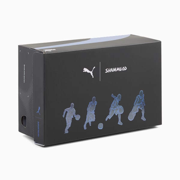 Black PUMA shoebox with 'SHAMMGOD' branding and basketball player graphics.
