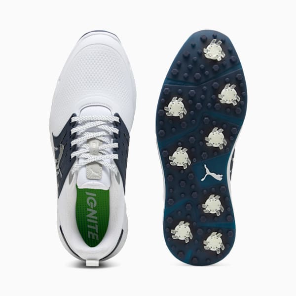 White PUMA golf shoe with laces and dark blue sole with studs, shown from above and sole.