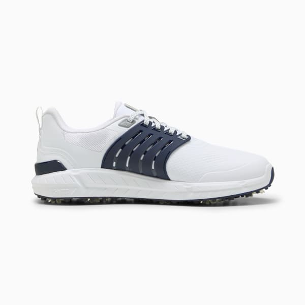 White PUMA shoe with navy accents, laces, and a textured sole.