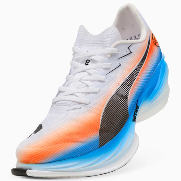 White PUMA unisex running shoe with orange and blue gradient and black stripe detail.