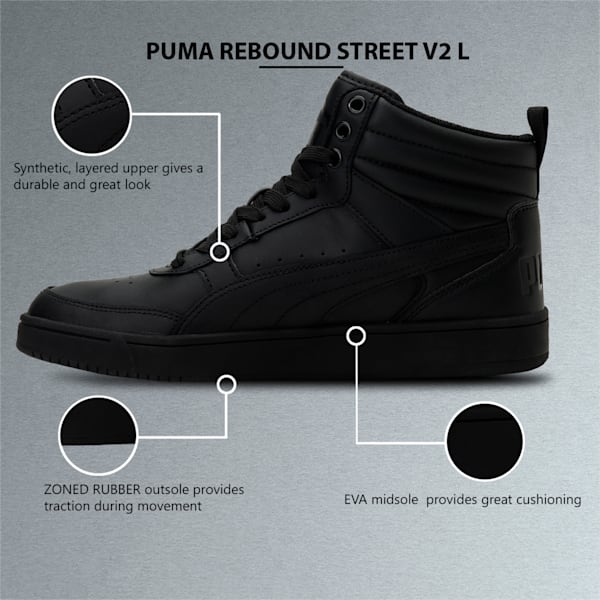 Rebound Street v2 Leather Unisex Sneakers, Puma Black-Puma Black, extralarge-IND