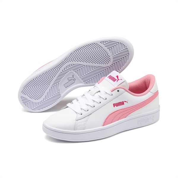 PUMA Smash v2 Leather Big Kids' Sneakers, Puma White-Peony-BRIGHT ROSE, extralarge
