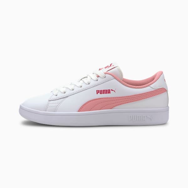 PUMA Smash v2 Leather Big Kids' Sneakers, Puma White-Peony-BRIGHT ROSE, extralarge