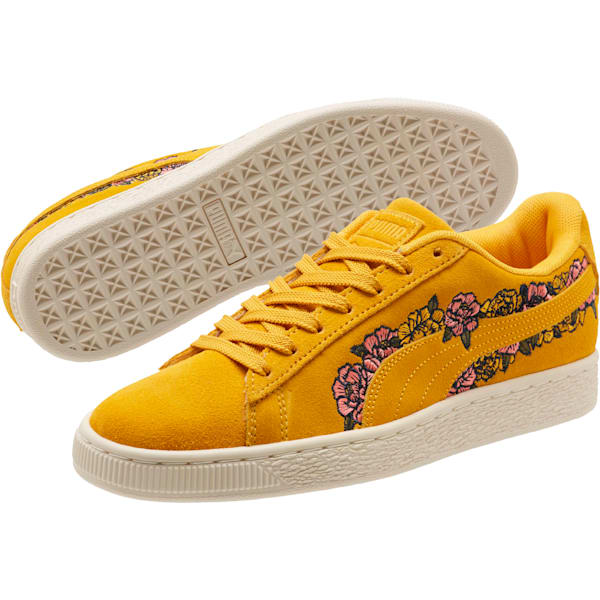 Suede Embroidered Floral Women’s Sneakers, Whisper White, extralarge