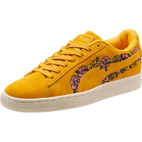 Suede Embroidered Floral Women’s Sneakers, Whisper White, extralarge